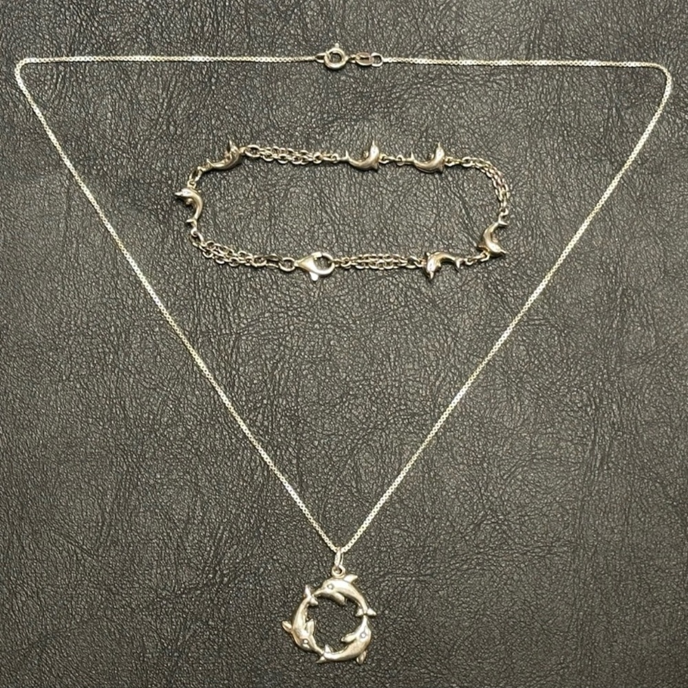 Vintage Sterling Silver Dolphin Necklace and Sterling Silver Dolphin Bracelet